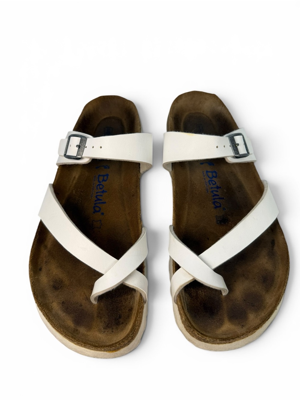Betula White Leather Toe Loop Sandals Cork Footbed Size 40 US 9